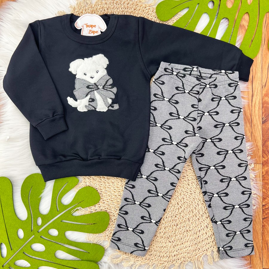  Conj. Casaco de Moletom Cachorrinho com Laço e Calça Legging - Preto